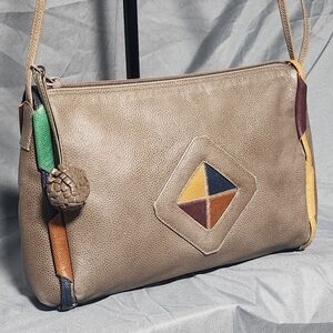 Vintage Sharif Brown Taupe Leather Geometric Patchwork Crossbody Purse